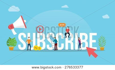 Subscribe Channel Social Media Video Concept With Arrow Click Button And People Working Together As 