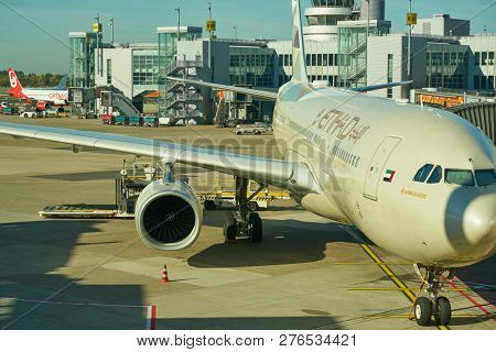 DUSSELDORF, GERMANY - CIRCA OCTOBER, 2018: Etihad Airways aircraft on tarmac at Dusseldorf Airport.