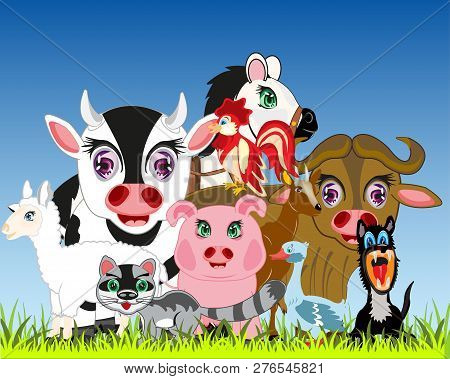 Much Varied Pets On Year Glade.vector Illustration