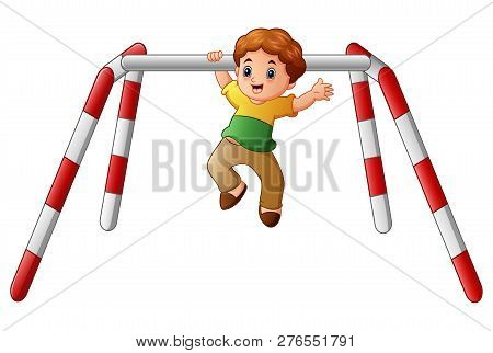 Vector Illustration Of Little Boy Doing Pull Ups Exercise