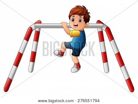 Vector Illustration Of Little Boy Doing Pull Ups