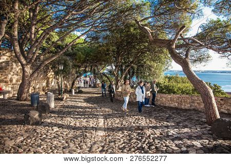 Lisbon, Portugal- Nov 1, 2018. Inside walls of castel Sao Jorge on suny day  in Lisbon, Portugal.