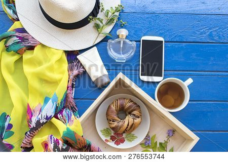 Yellow Scarf ,hat ,sunscreen Spf50,perfume ,mobile Phone ,ginger Tea And Bread Of Lifestyle Woman Re