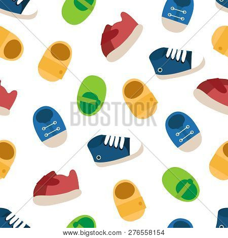 Vector Seamless Pattern Of Colorful Baby Shoes. Kids Shoes Seaml