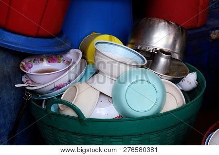 Many Pile Dish Dirty, Pile Plate Of Food Is Waste Trash In Basket Plastic Dirty, Pile Empty And Dirt