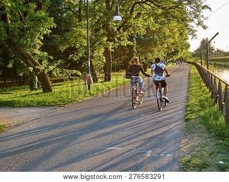 Park Summer Bike And Cyclists Italy Is A Suburb Of Milan, Cernusco Sul Naviglio