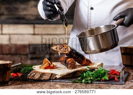 The Concept Of Georgian Cuisine. Recipe For Cooking Meat Lyulya Kebab In The Dough On The Grill. Che