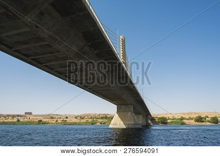 Large Cable Stayed Road Bridge Spanning A Wide Nile River On A Clear Day In Egypt