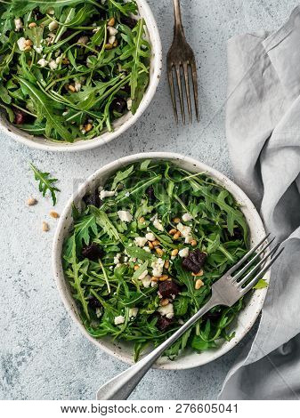 Beetroot, Aragula And Soft Cheese Salad Over Gray Background. Top View Or Flat Lay. Copy Space For T