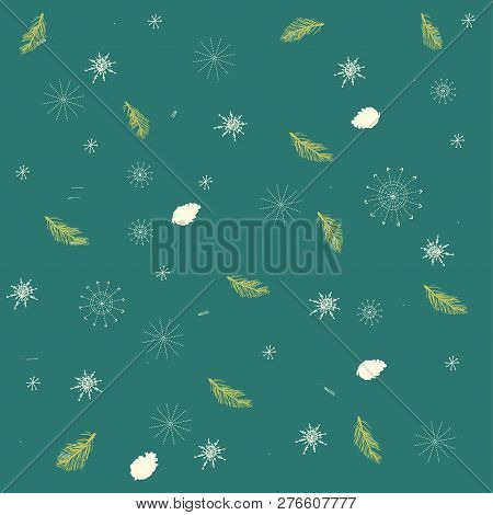 Seamless Pattern With Snowflakes, Pine Cones, Branches Of Spruce