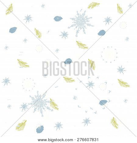 Seamless Pattern With Snowflakes, Pine Cones, Branches Of Spruce