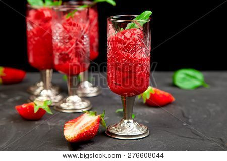 Summer Refreshing Strawberry Sorbet, Slush Granita Drink In Serving Glasses.