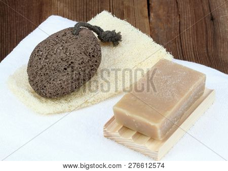Handmade Bar Of Soap, Pumice Stone And Washcloth. Nettle And Olive Soap, Facecloth And Pumice Stone 