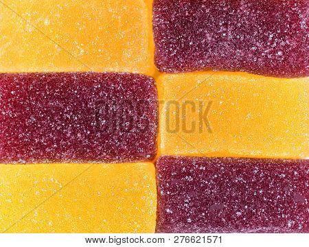 Marmalade Sweets Background. Gelly Candies Close Up. Colorful Swets. Jelly Cubes Sprinkled With Suga