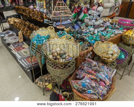 Maan, Jordan, December 07, 2018 : A Large Number Of Souvenirs Are On The Shelves For Sale In A Roads