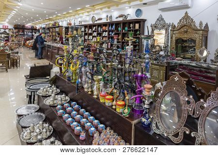Maan, Jordan, December 07, 2018 : A Large Number Of Decoratively Decorated Hookahs And Tobacco For T