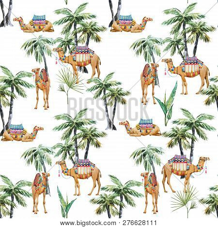 Beautiful Seamless Pattern With Watercolor Camel And Palm Trees