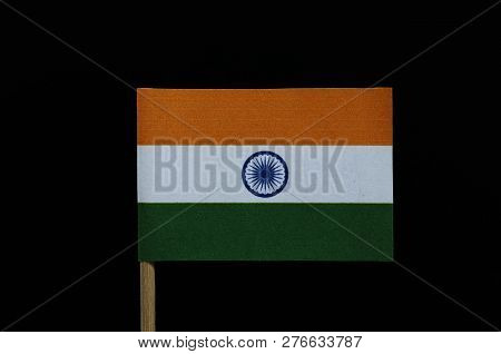 A Simply And Official Flag Of India On Toothpick On Black Background. A Horizontal Triband Of India 