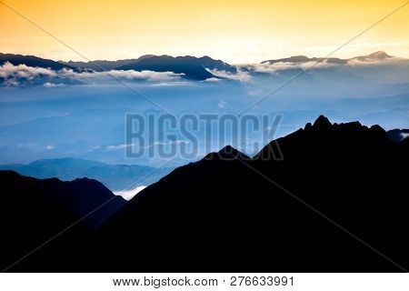 Beautiful View From Fansipan Mountain At Sunset. Sa Pa, Lao Cai Province, Vietnam.