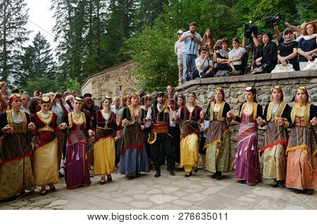 SUMELA MONASTERY, TRABZON, TURKEY - AUGUST 15, 2008: Greek dancers during the celebration of Dormition of the Mother of God. The Greeks were expelled from Turkey in 1923