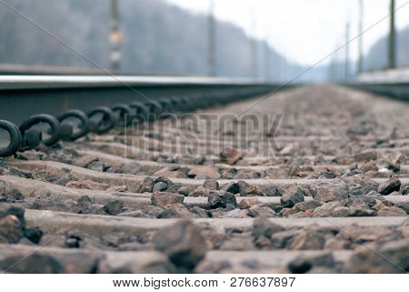 Low Side Shot Of Rail Rails. Defocused To Infinity Railway.
