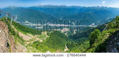 Cable Car In The Mountain. Picturesque Adventure Landscape. Nature Background.