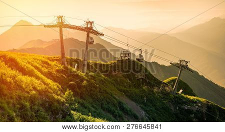 The Cable Car In The Summer At The Top Of The Aibga Ridge On The Rosa Khutor Ski Resort, Illuminated
