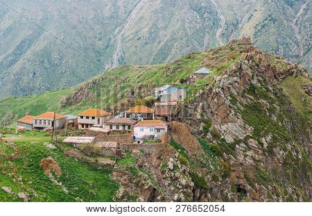 Village Tsdo In Truso Gorge, Kazbegi District, Mtskheta-mtianeti Region, Georgia. Spring Or Summer S