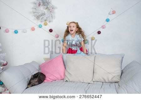 Pig As Symbol Of Luck And Chinese 2019 New Year Calendar. Cute Funny Girl Is Surprised About A Baby 