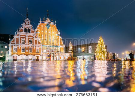 Riga, Latvia - December 19, 2017: Panorama Of Town Hall Square, Popular Place With Famous Landmarks 