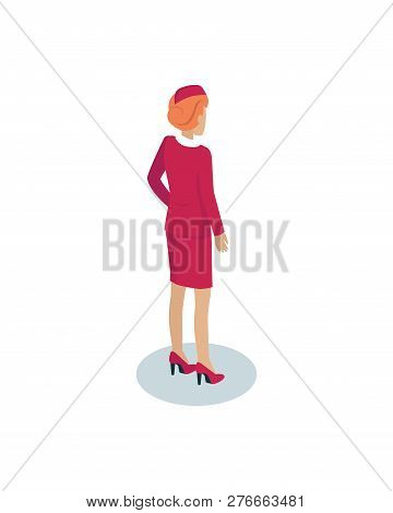 Fly Attendant Woman Icon Closeup. Stewardess Wearing Special Unifrorm Of Airlines. Airhostess Back V