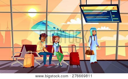 People In Airport Illustration Of Departure Or Arrival Terminal Flight Schedule And Airplane In Wind