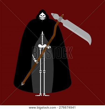 Grim Reaper In Black Cloak. Death In Cape