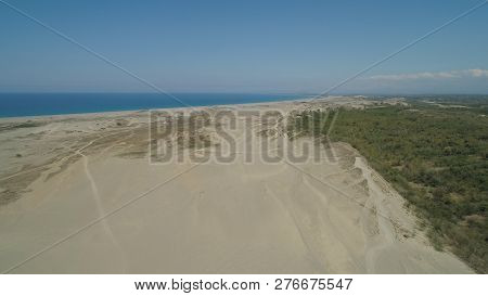Aerial View Of Beautiful Lonely Beach And Paoay Sand Dune. Philippines, Luzon. Sand Dunes Near To Th