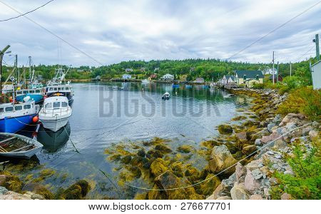 Views Of The Bay, Boats And Waterfront Buildings In Northwest Cove, Nova Scotia, Canada