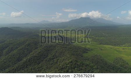 Aerial View Of Mountain Valley With Hills Covered Forest, Trees, Mount Iriga. Luzon, Philippines. Sl