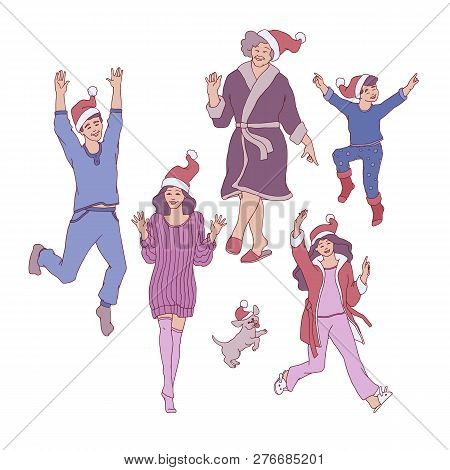 Vector Flat Sketch Family Characters Santa Hat