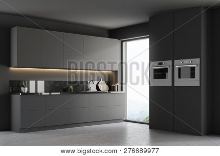 Gray Kitchen Corner, Countertops And Ovens