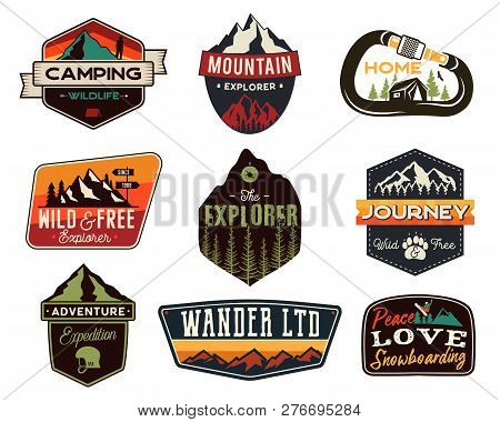 Vintage Outdoors Logos Set. Hand Drawn Mountain Travel Badges, Wildlife Emblems. Camping Labels Conc