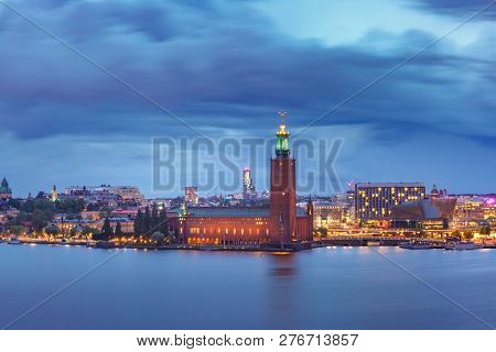 Stockholm City Hall Or Stadshuset At Night In The Old Town In Stockholm, Capital Of Sweden