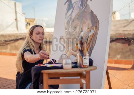 Young Woman Paint Artist Drawing At Home Roof