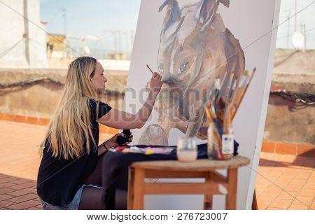 Young Woman Paint Artist Drawing At Home Roof