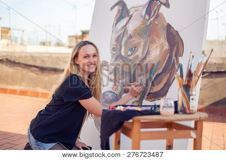 Young Woman Paint Artist Drawing At Home Roof