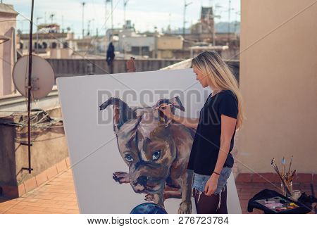 Young Woman Paint Artist Drawing At Home Roof