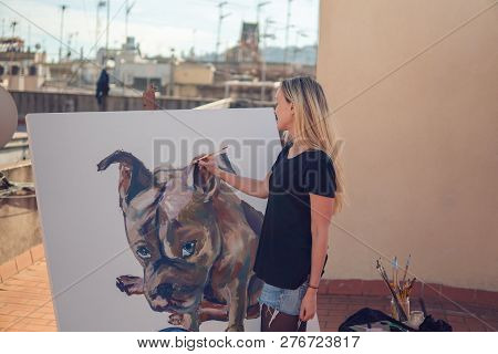 Young Woman Paint Artist Drawing At Home Roof