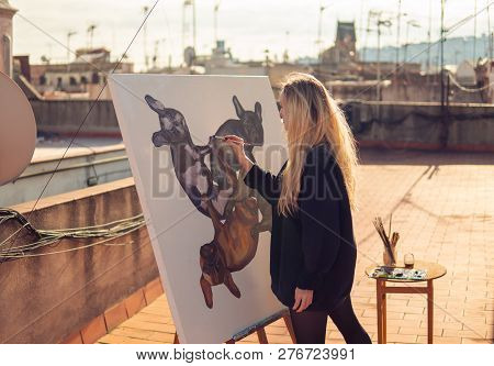 Young Woman Paint Artist Drawing At Home Roof