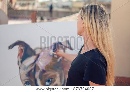 Young Woman Paint Artist Drawing At Home Roof