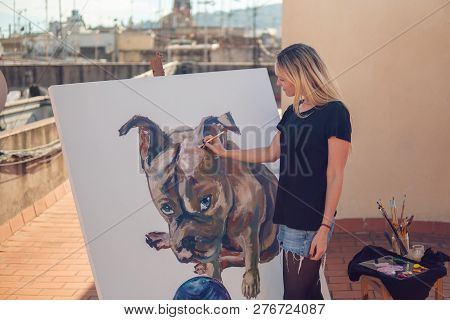Young Woman Paint Artist Drawing At Home Roof