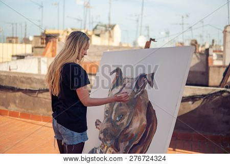 Young Woman Paint Artist Drawing At Home Roof