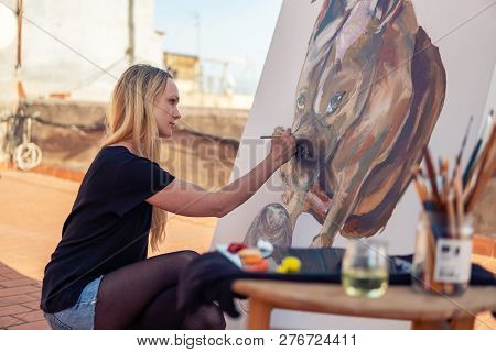 Young Woman Paint Artist Drawing At Home Roof